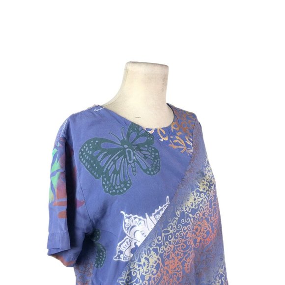 Wild Thing Wild Woman Lavender Patchwork Batik Short Sleeve Tunic Boxy Tee S/M - Picture 2 of 11